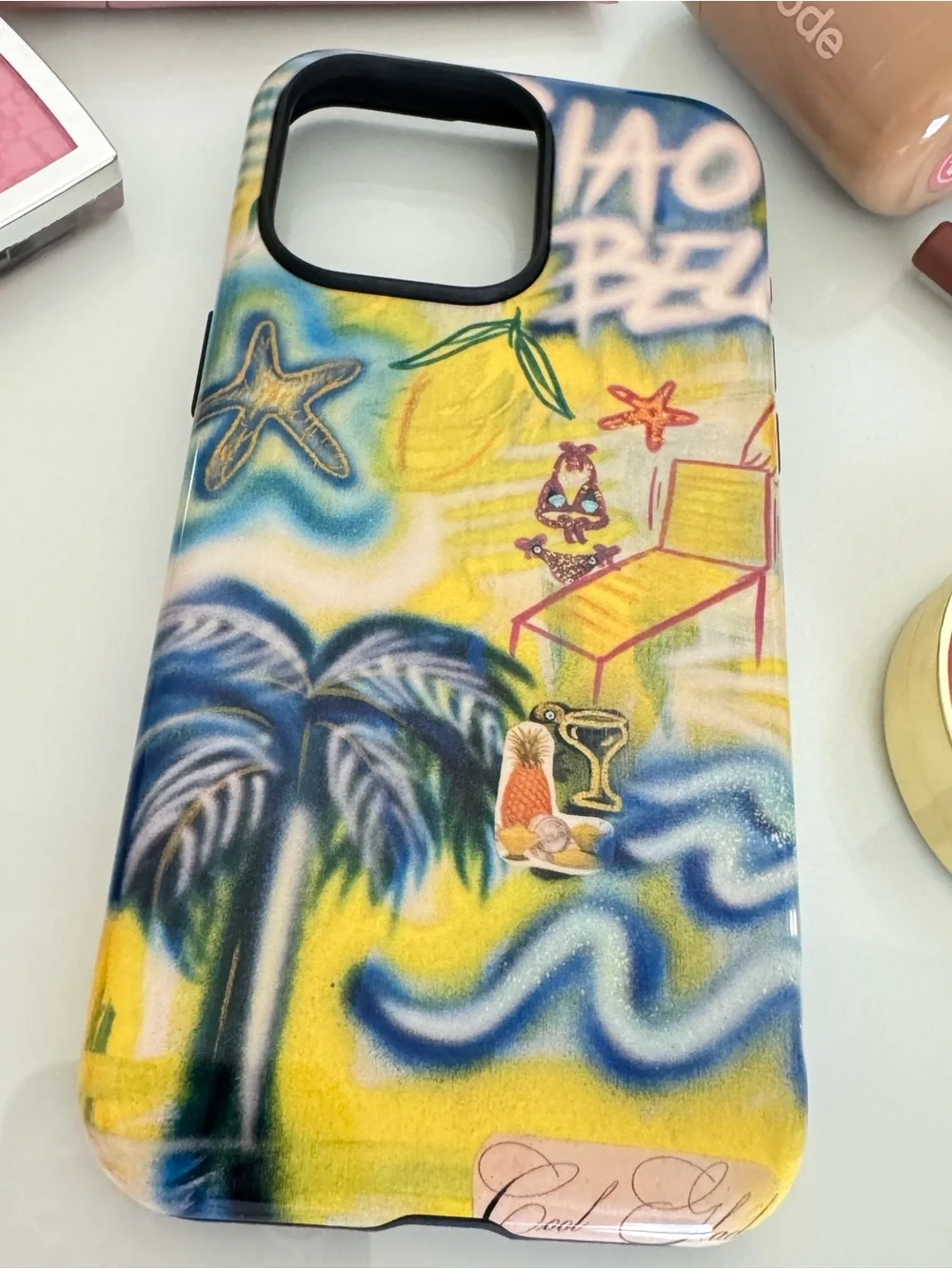 Beach Graphic Phone Case for iPhone 15 Pro Max - Yellow Blue Palm Design